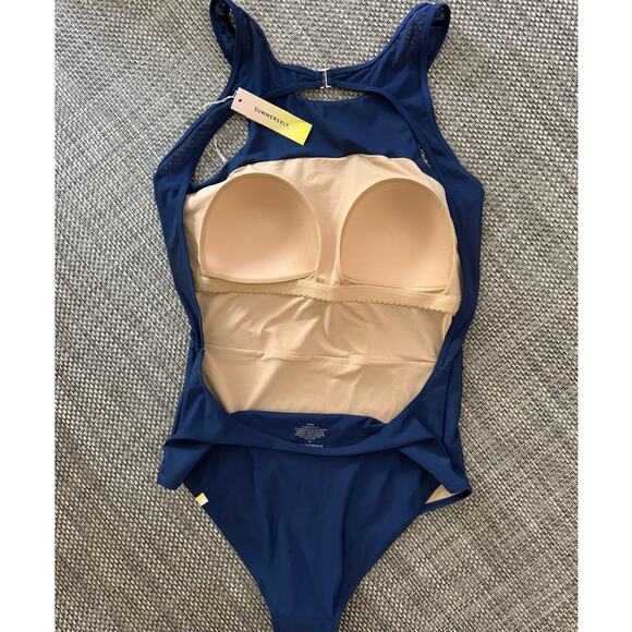 SUMMERSALT NWT The Mesh Freestyle Open Back Sporty One-piece Swim Suit Blue 12 - Picture 2 of 3